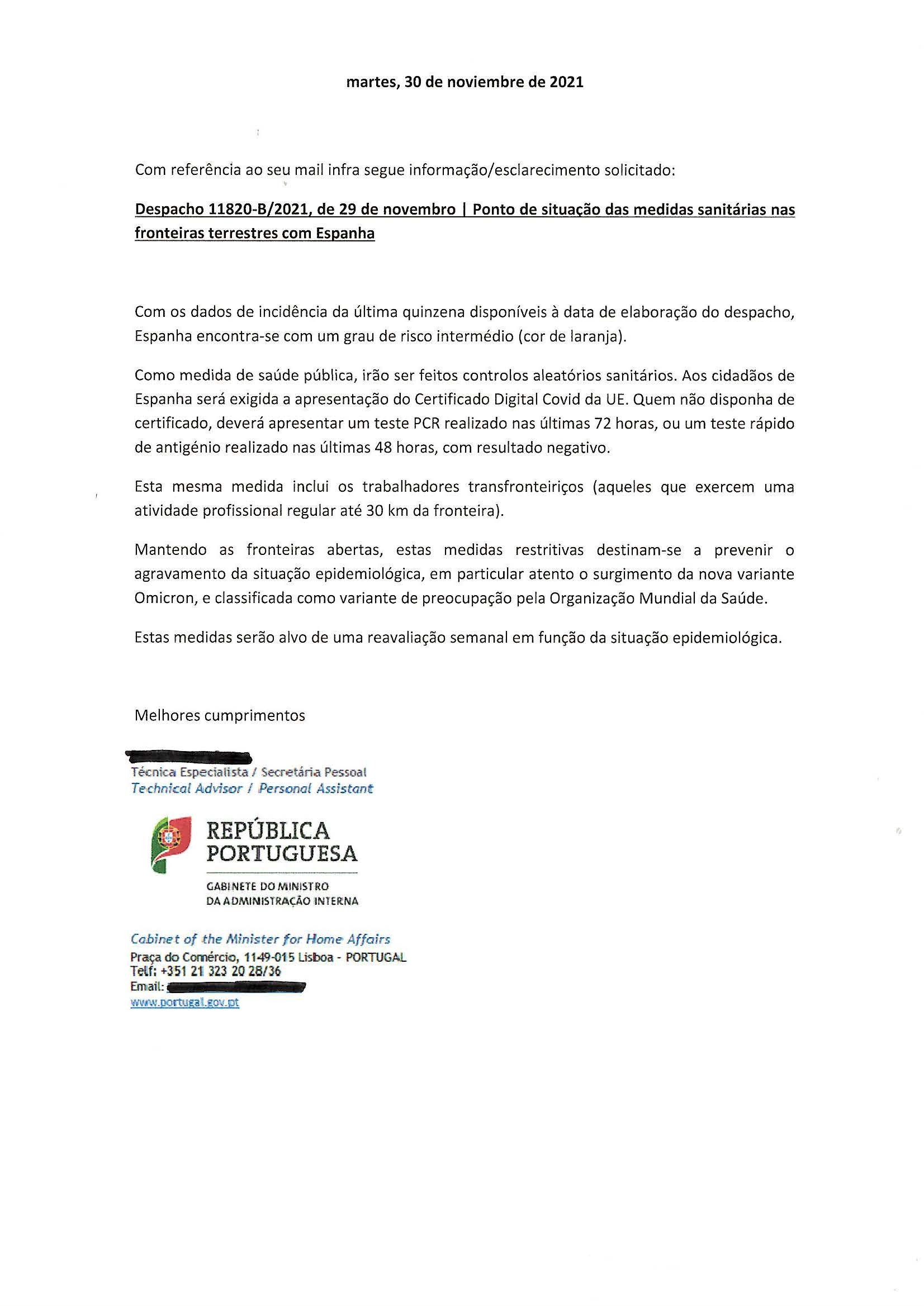 Respuesta del ministerio del Interior de Portugal a consulta del Eixo Atlántico