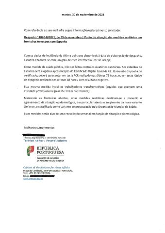 Resposta de Ministerio do Interior de Portugal ó Eixo Atlántico sobre acceso ó país por estrada