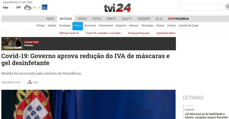 Covid-19: Governo aprova redução do IVA de máscaras e gel desinfetante