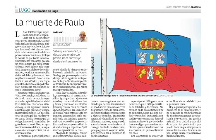 As cidades do Eixo Atlântico expressam os seus condolencias depois do falecimento da presidenta da câmara municipal de Lugo, Paula Alvarellos